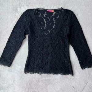per una dué Womens Black Lace Stretch Knit V-neck Top Size 10 Large